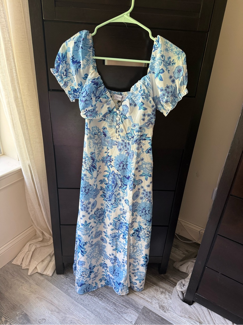 Floral Blue & White Maxi Dress with Puff Sleeves